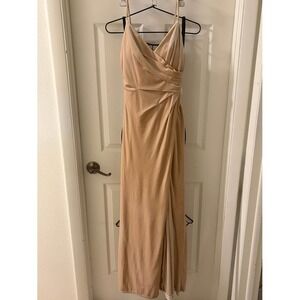 Bari Jay Champagne Velvet Maxi High Slit Gown Spaghetti Strap Pleated Waist EUC